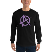 Purple Anarchy Symbol design on unisex long sleeve shirt, front view