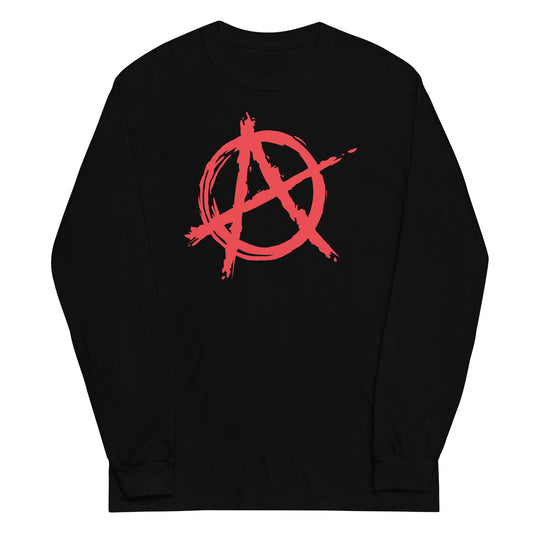 Red Anarchy Symbol design on unisex long sleeve shirt, front view
