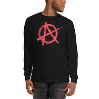 Red Anarchy Symbol design on unisex long sleeve shirt, front view