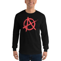 Red Anarchy Symbol design on unisex long sleeve shirt, front view