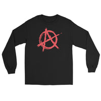 Red Anarchy Symbol design on unisex long sleeve shirt, front view