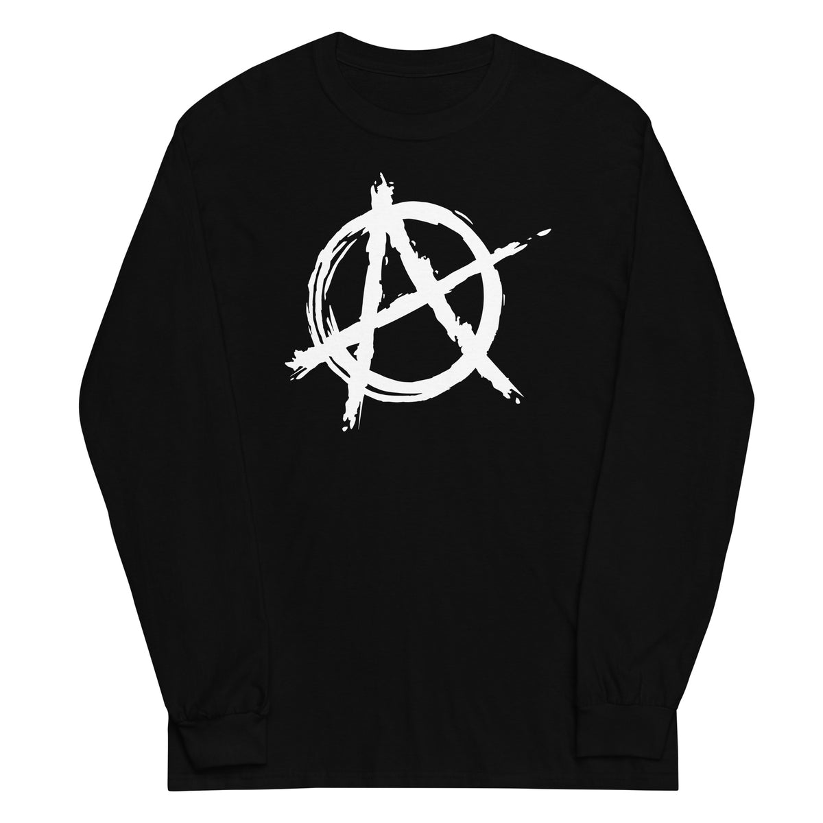 White Anarchy Symbol design on unisex long sleeve shirt, front view