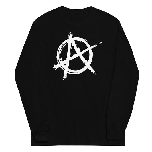 White Anarchy Symbol design on unisex long sleeve shirt, front view