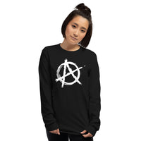 White Anarchy Symbol design on unisex long sleeve shirt, front view