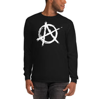 White Anarchy Symbol design on unisex long sleeve shirt, front view