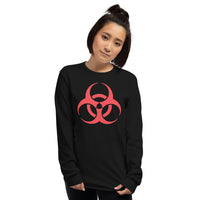 Red Biohazard Symbol design on unisex long sleeve shirt, front view