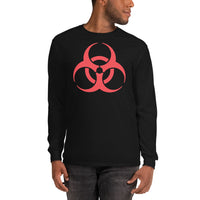 Red Biohazard Symbol design on unisex long sleeve shirt, front view