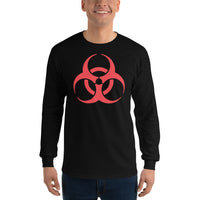Red Biohazard Symbol design on unisex long sleeve shirt, front view