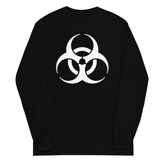White Biohazard Symbol design on unisex long sleeve shirt, front view
