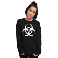 White Biohazard Symbol design on unisex long sleeve shirt, front view