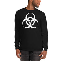 White Biohazard Symbol design on unisex long sleeve shirt, front view
