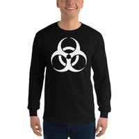 White Biohazard Symbol design on unisex long sleeve shirt, front view