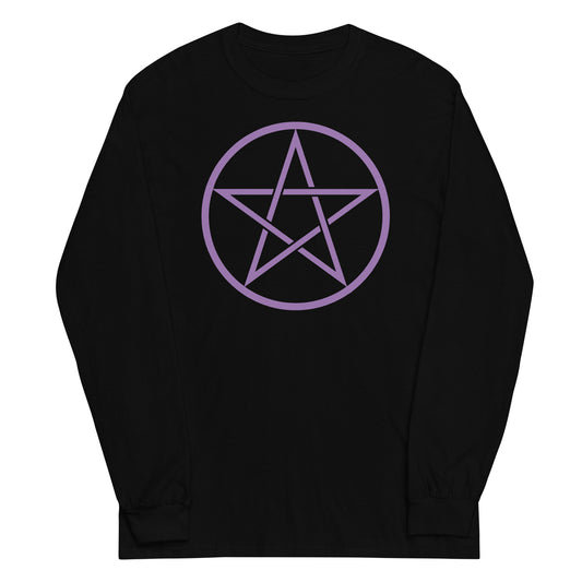 Purple Wiccan Pentagram design on unisex long sleeve shirt, front view