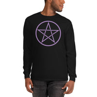 Purple Wiccan Pentagram design on unisex long sleeve shirt, front view