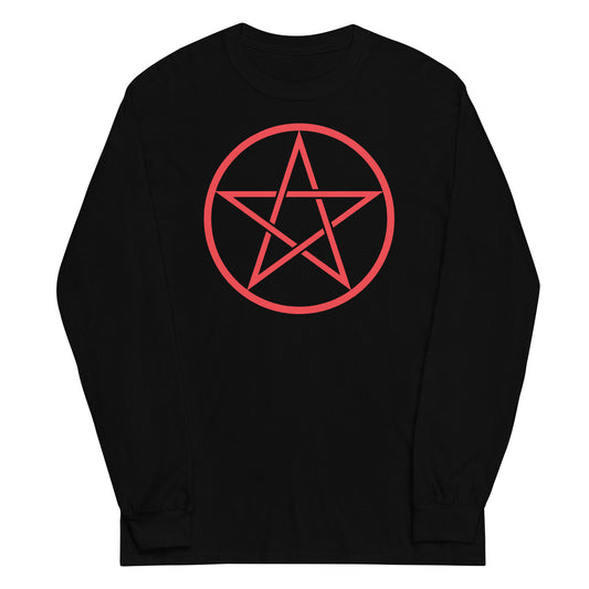 Red Wiccan Pentagram design on unisex long sleeve shirt, front view