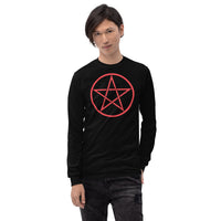 Red Wiccan Pentagram design on unisex long sleeve shirt, front view