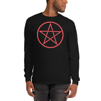 Red Wiccan Pentagram design on unisex long sleeve shirt, front view