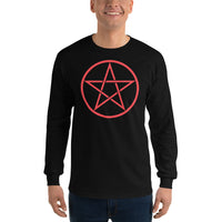 Red Wiccan Pentagram design on unisex long sleeve shirt, front view