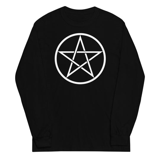 White Wiccan Pentagram design on unisex long sleeve shirt, front view