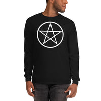 White Wiccan Pentagram design on unisex long sleeve shirt, front view