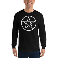 White Wiccan Pentagram design on unisex long sleeve shirt, front view