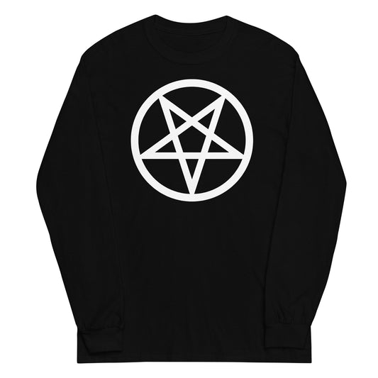 White Inverted Pentagram design on unisex long sleeve shirt, front view