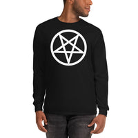 White Inverted Pentagram design on unisex long sleeve shirt, front view
