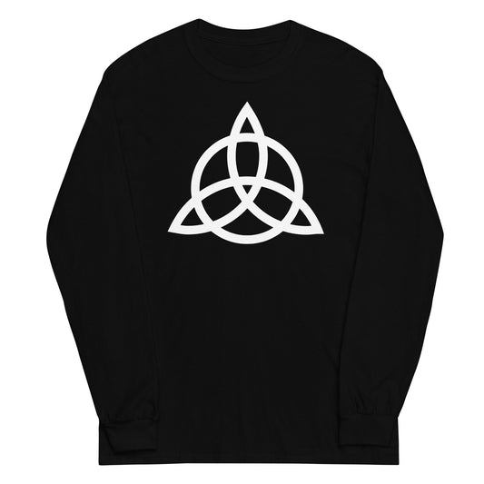 Celtic Triquetra design on unisex long sleeve shirt, front view