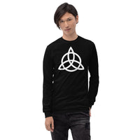Celtic Triquetra design on unisex long sleeve shirt, front view