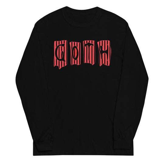 Black Red Gothic Stripes design on unisex long sleeve shirt, front view