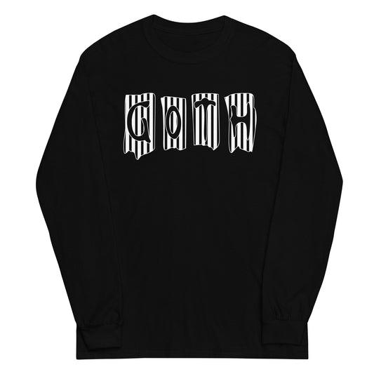 Black White Gothic Stripes design on unisex long sleeve shirt, front view