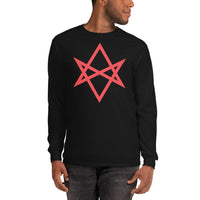 Red Unicursal Hexagram design on unisex long sleeve shirt, front view