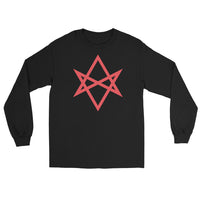 Red Unicursal Hexagram design on unisex long sleeve shirt, front view