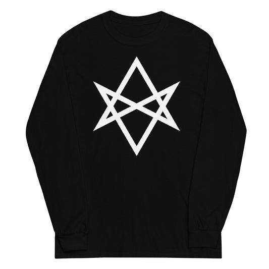 White Unicursal Hexagram design on unisex long sleeve shirt, front view