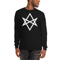 White Unicursal Hexagram design on unisex long sleeve shirt, front view