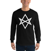 White Unicursal Hexagram design on unisex long sleeve shirt, front view