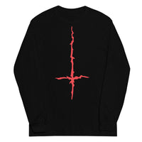 Red Melting Inverted Cross design on unisex long sleeve shirt, front view