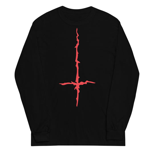Red Melting Inverted Cross design on unisex long sleeve shirt, front view