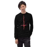 Red Melting Inverted Cross design on unisex long sleeve shirt, front view