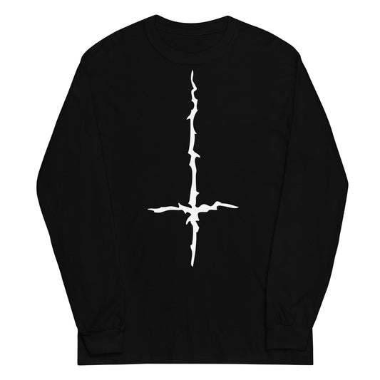 White Melting Inverted Cross design on unisex long sleeve shirt, front view