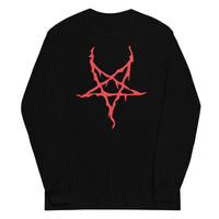 Red Melting Inverted Pentagram design on unisex long sleeve shirt, front view