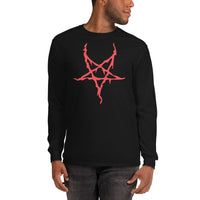 Red Melting Inverted Pentagram design on unisex long sleeve shirt, front view