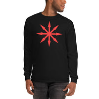 Red Chaos Star design on unisex long sleeve shirt, front view