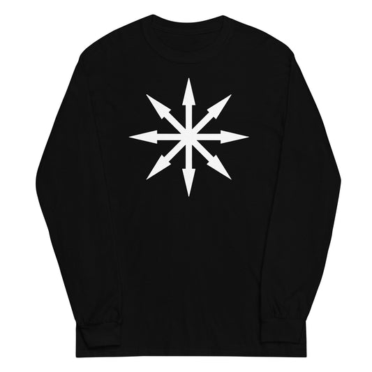 White Chaos Star design on unisex long sleeve shirt, front view