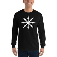 White Chaos Star design on unisex long sleeve shirt, front view