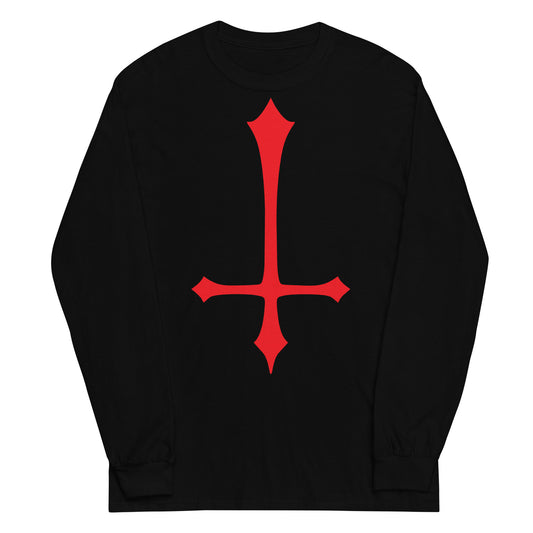 Red Inverted Cross design on unisex long sleeve shirt, front view