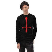 Red Inverted Cross design on unisex long sleeve shirt, front view
