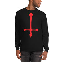 Red Inverted Cross design on unisex long sleeve shirt, front view