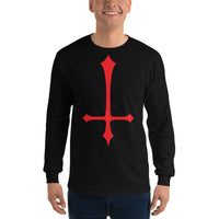 Red Inverted Cross design on unisex long sleeve shirt, front view