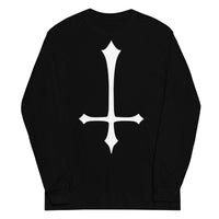 White Inverted Cross design on unisex long sleeve shirt, front view